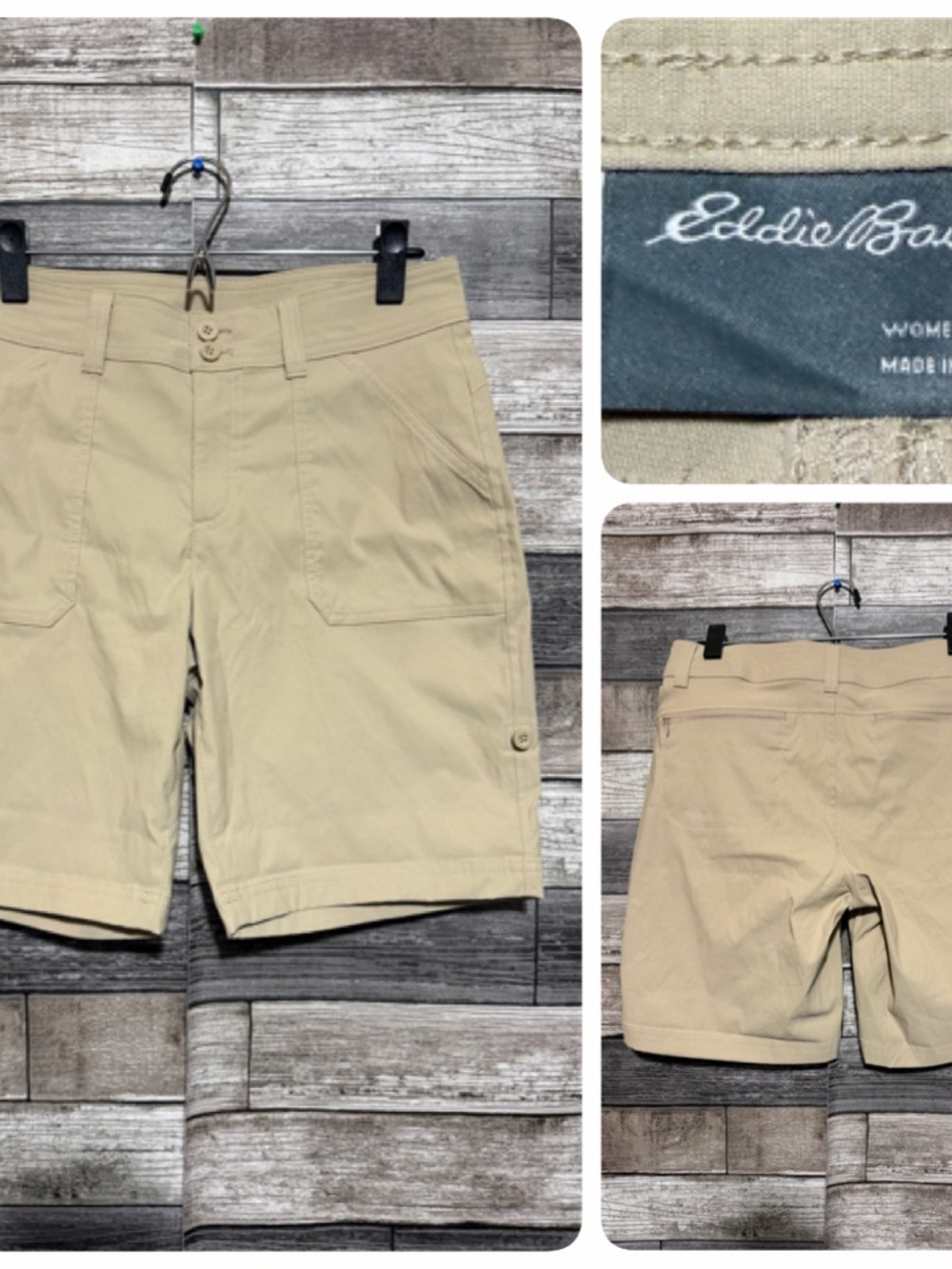 Eddie Bauer Roll Hem Bermuda Shorts Womenโs 4 Beige Zip Back Pockets Hiking